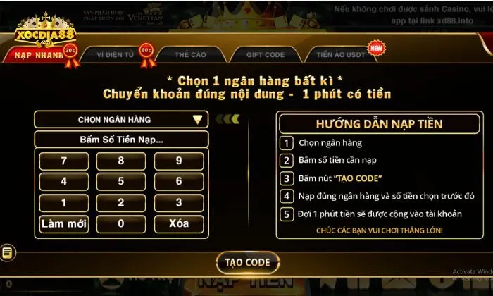 Nạp tiền Xocdia88 Nạp tiền Xocdia88 qua ngân hàng