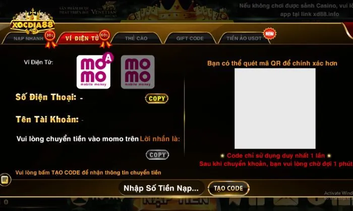 Nạp tiền Xocdia88 Nạp tiền Xocdia88 qua ví điện tử