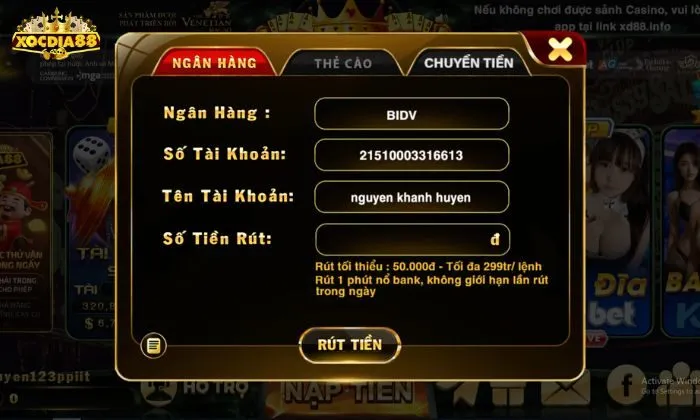 rút tiền Xocdia88 Điền thông tin và thực hiện lệnh rút tiền Xocdia88